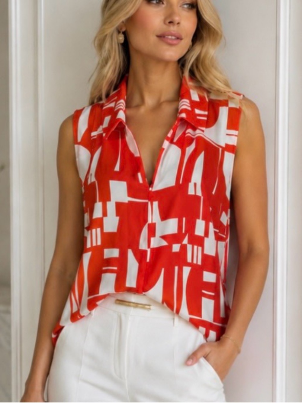 CAbi Orange/Red & White Sleeveless Button-Down Geometric Top